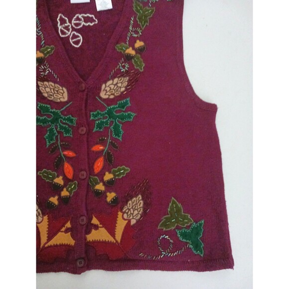 VTG Bobbie Brooks Burgundy Cotton Blend Fall Theme Knit Vest Sz L Applique Beads - Picture 3 of 7